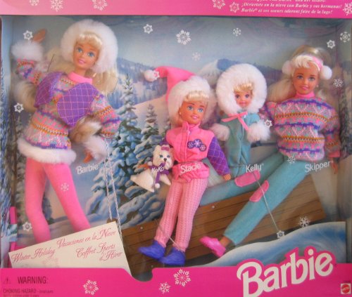 BARBIE WINTER HOLIDAY Set SLEDDING FUN w 4 DOLLS (Skipper, Kelly, Stacie & Barbie), Koko (Dog), SLED & More (1995)
