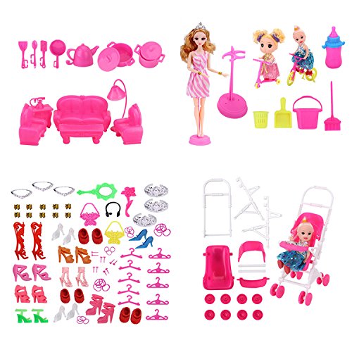 WNOLTEAB 138 PCS Doll Accessories Set and 1 Girl Doll,Toy Furniture Kitchenware Shoes Bags Necklace Mirror Hanger for Barbie Dolls