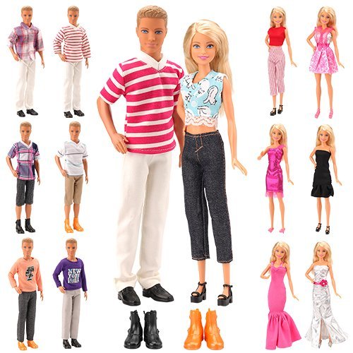 Mylass Lot 15 Items for Ken and Barbie Doll EU CE-EN71 Certified Include 5 Sets Casual Wear Clothes + 5 Pcs Pants +2 Shoes+3 Dress for Barbie Doll