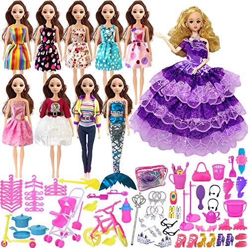 Holicolor 119pcs Doll Clothes Set for Barbie Dolls Include 10 Pack Clothes Party Grown Outfits and 108pcs Different Doll Accessories, with a Bag