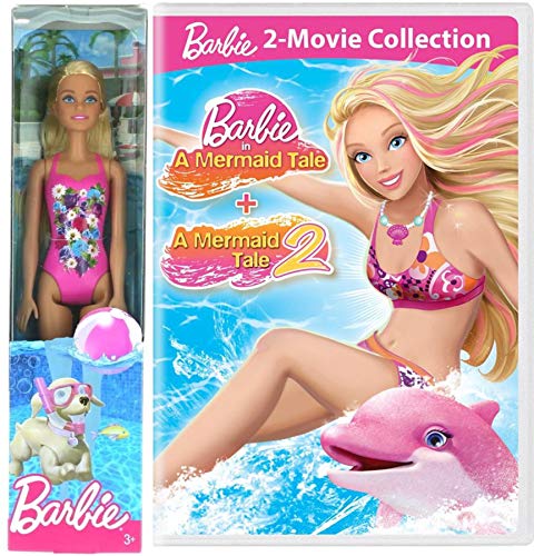 Water Play Mermaid Barbie Movie & Doll Beach Day Pack Girls Fun Cartoon DVD Double Feature + Toy