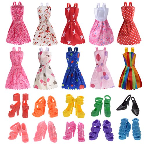 Clothes for Doll, 10 Pieces Party Gown Outfits with 10 Pairs Doll Shoes, Girl's Birthday Present (A)