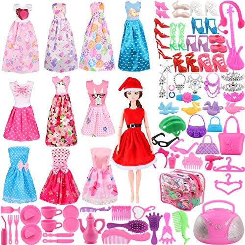 SOTOGO Doll Clothes Set Fit for Barbie Dolls Include 11 Pack Clothes Party Grown Christmas Outfits and 90 Pcs Different Doll Accessories for Little Girl