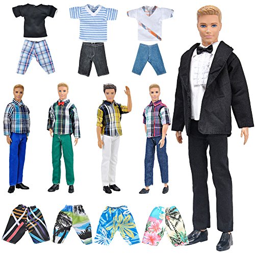 E-TING Lot 10 Items = 5 Sets Fashion Casual Wear Clothes/Outfit with 5 Pair Shoes for boy Doll Random Style (Casual Wear Clothes + Black Suit + Swimwear)