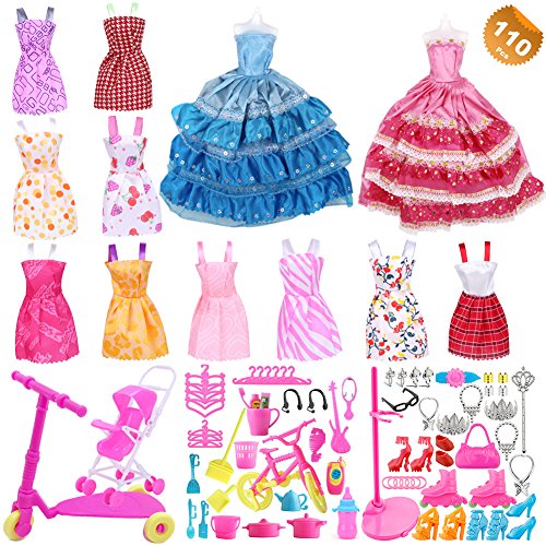 EuTengHao 110Pcs Doll Clothes and Accessories for Barbie Dolls Contain 10 Different Party Gown Outfits Dresses, 2 Handmade Doll Wedding Party Dresses and 98 Different Doll Accessories
