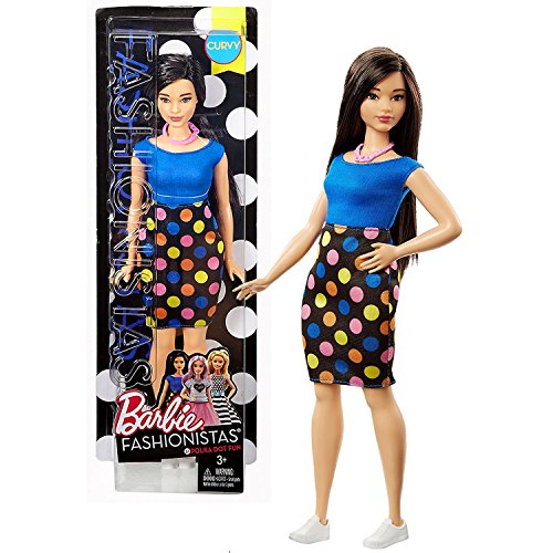 Mattel Year 2016 Barbie Fashionistas 11 Inch Doll - Asian CURVY (DVX73) with Long Black Hair in Polka Dot Fun Blue Dress with Necklace
