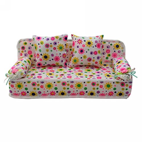 Lovely Miniature Flower Prints Sofa Couch with 2 Cushions for Barbie Doll