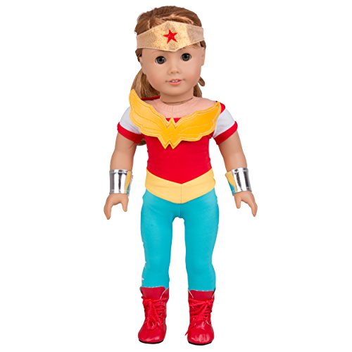 Dress Along Dolly Wonder Woman Inspired Doll Outfit - 5pcs Superhero Halloween Costume for American Girl and 18 Inches Doll