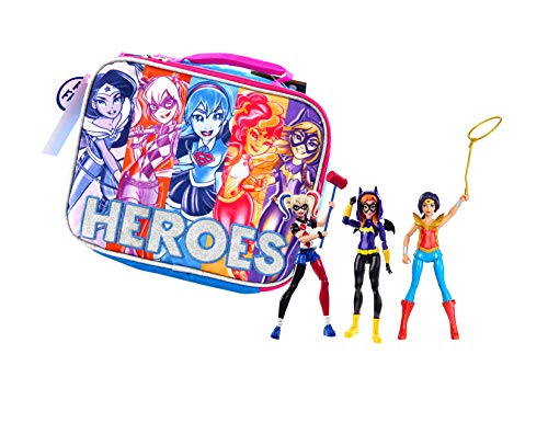 DC Comics Super Hero Girls Batgirl, Wonder Woman & Harley Quinn 6” Action Dolls and Lunch Bag Set