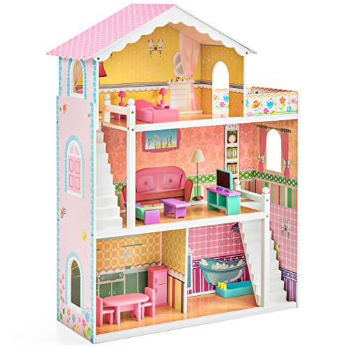 Best Choice Products 3-Story Kids Large Wooden Dollhouse Barbie Playhouse Set w/ 17 Mini Wooden Furniture - Multicolor