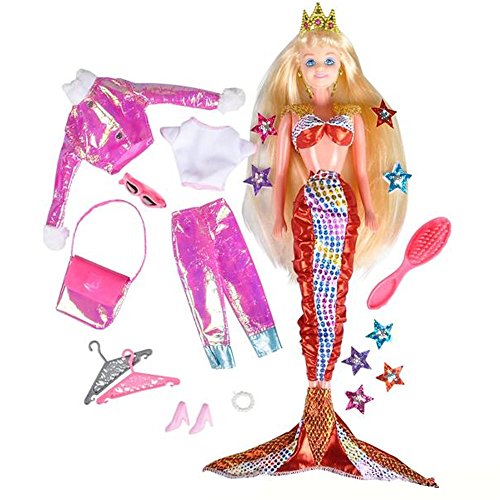 Kicko Mermaid Doll with Fashion Clothes and Princess Crown, Vivid Colors Set of Outfits and Accessories for Girls