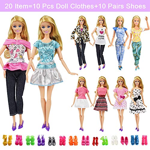 20 Items 10 Pcs Fashion Handmade Doll Clothes Set Outfits Party Dress and 10 Pairs Doll Shoes Different Doll Accessories for 11.5 Inch Girl Doll Set A