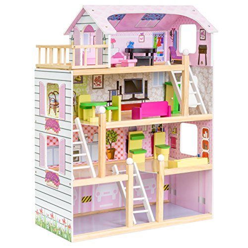Best Choice Products 4-Level 32.25in Kids Wooden Cottage Uptown Dollhouse w/ 13 Pieces of Furniture, Play Accessories