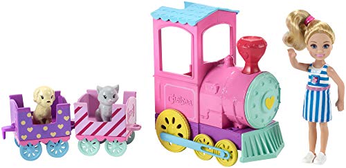  Barbie Club Chelsea Train Playset with 3 Connecting Cars, Chelsea Doll, 1 Kitten and 1 Puppy