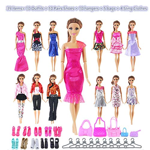 UCanaan 39Pcs Doll Clothes and Accessories for 11.5'' Barbie Dolls (Includes 10 Set Random Pattern Casual Fashion Dresses + 10 Pairs Shoes + 10 Hangers + 5 Pcs of Bags + 4 Sling Clothes)