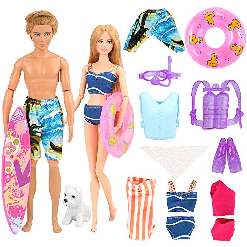 BARWA 12 Pcs Doll Clothes Accessories for Ken and 11.5 inch Girl Doll Underwater Adventurer 4 Diving Sets, 3 Swimsuits, 1 Pants for Ken, 1 Skateboard，1 Dog and 1 Lifebuoys Summer Beach Style