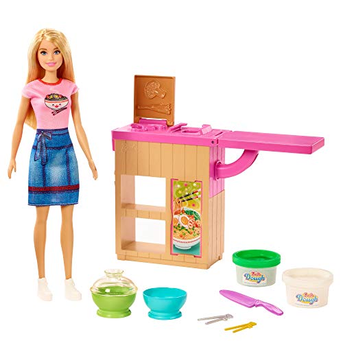  Barbie Noodle Bar Playset with Blonde Doll, Workstation, 2 White and Green Dough Containers, 2 Bowls, Play Knife and 2 Pairs of Chopsticks for Ages 4 and Up, Multi