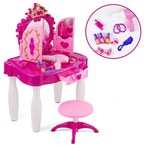 Pretend Play Kids Vanity Table and Chair Beauty Mirror and Accesories Play Set with Fashion & Makeup Accessories for Girls