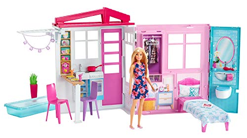 Barbie Doll and Dollhouse, Portable 1-Story Playset with Pool and Accessories, for 3 to 7 Year Olds    