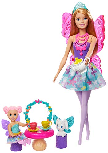  Barbie Dreamtopia Tea Party Playset with Barbie Fairy Doll, Toddler Doll, Tea Set, Pet and Accessories, Multi