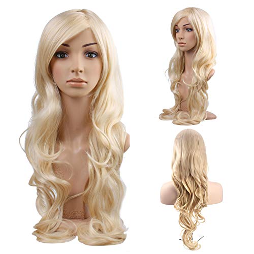 MelodySusie Blonde Long Curly Wavy Wig for Women Girl, 34 Inches Synthetic Hair Replacements Wigs with Side Part Bangs Daily Halloween Cosplay Costume Wig with Free Wig Cap,Light Blonde