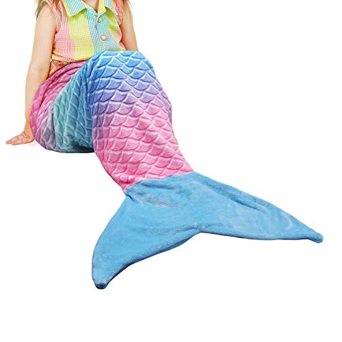 Catalonia Kids Mermaid Tail Blanket,Super Soft Plush Flannel Sleeping Snuggle Blanket for Girls,Rainbow Ombre,Fish Scale Pattern,Gift Idea