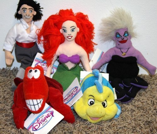 Rare Disney Little Mermaid Complete Set of 5 Plush Bean Bag Dolls Including Ariel, Eric, Ursula, Flounder and Sebastian Mint with Tags