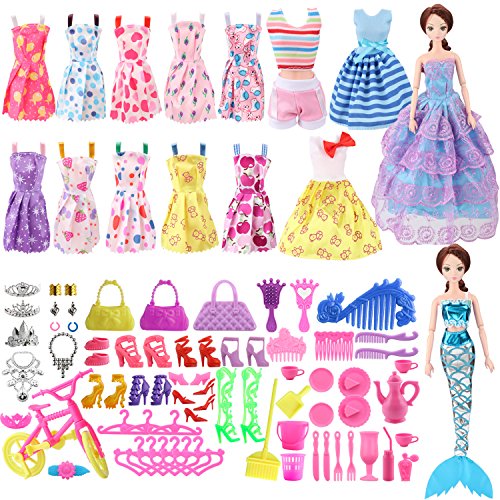 SOTOGO 65 Pieces Doll Clothes and Accessories for Barbie Dolls Include 15 Pieces Handmade Doll Party Dresses Mermaid Outfits, 55 Pieces Different Doll Accessories and Storage Bag