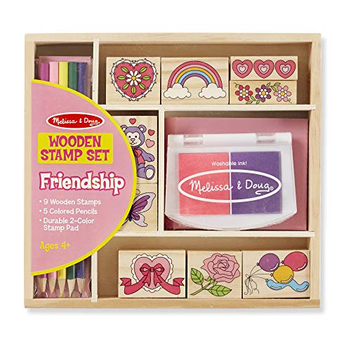 Melissa & Doug Wooden Stamp Set: Friendship (9 Stamps, 5 Colored Pencils, and 2-Color Stamp Pad, Great Gift for Girls and Boys - Best for 4, 5, 6 Year Olds and Up)