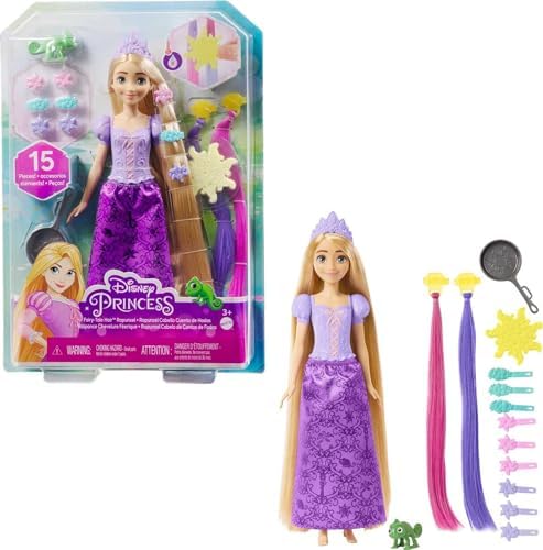 Mattel Disney Princess Rapunzel Fashion Doll with Long Fairy-Tale Hair,2 Color-Change Hair Extensions & 10 Hairstyling Pieces