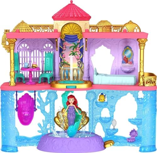 Mattel Disney Princess Doll & Playset, Ariel Land & Sea Castle, Stackable Doll House with Small Doll, Friend, 12 Accessories & Pool