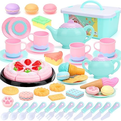 Tagitary Tea Party Set for Little Girls, 52 PCS Kids Pretend Play Toys with Dessert, Ice Cream, Donuts, Teapot, Cups and Carrying Case, Birthday Gift for Toddlers Girls Boys Age 3-6