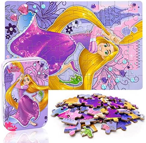 LELEMON Tangled Rapunzel Puzzles for Kids Ages 4-8, 60 Piece Disney Puzzles for Kids Ages 3-5,Princess Puzzle Games Kids Puzzles in a Metal Box,Educational Jigsaw Puzzles Toys Gifts for Girl and Boy